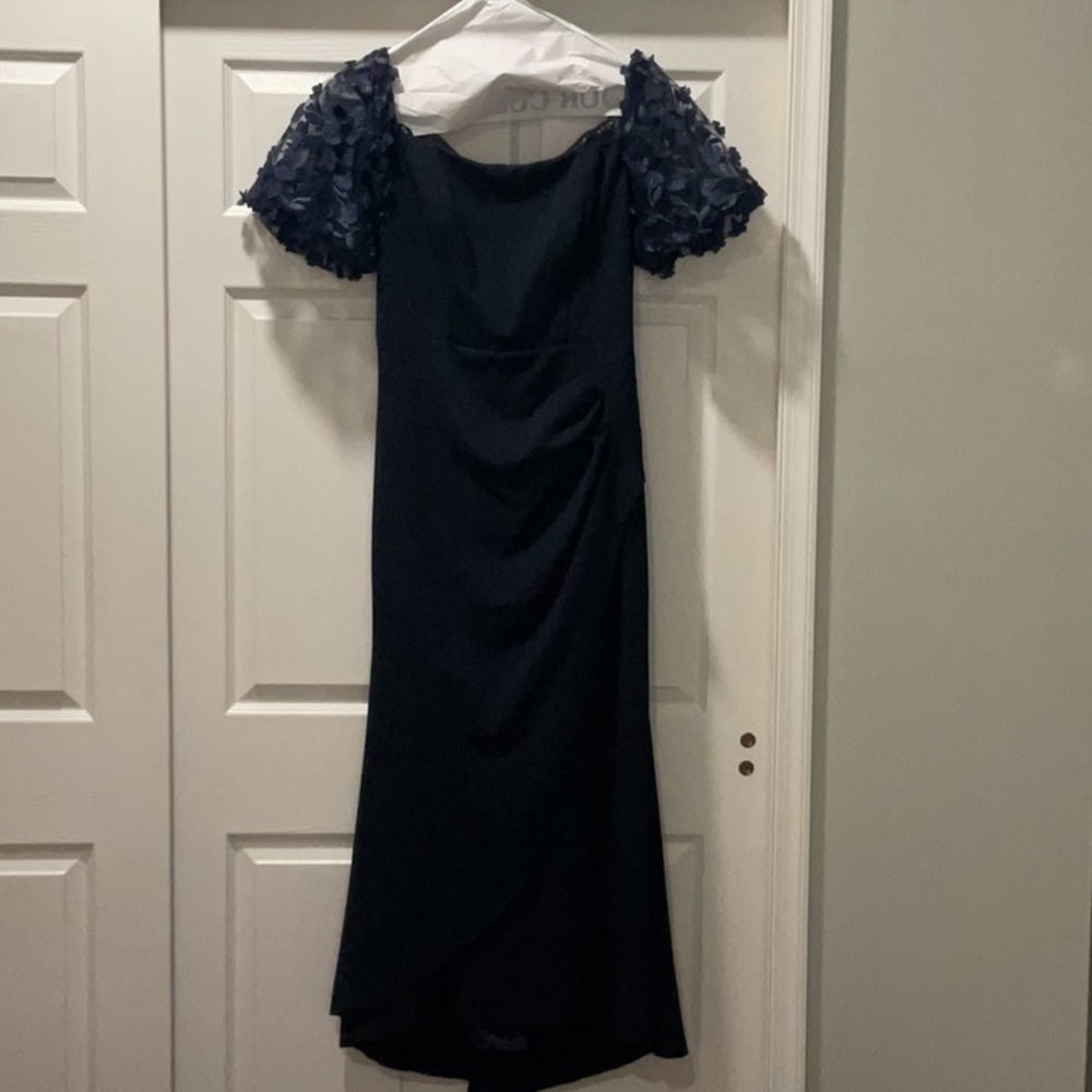 Xscape Blue Gown with Puff Cap Sleeves and Scoop Neck